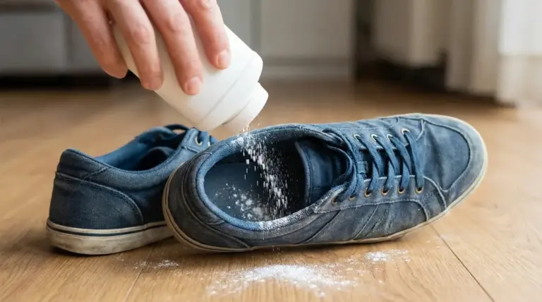 Mano che versa borotalco dentro una scarpa da ginnastica per eliminare i cattivi odori