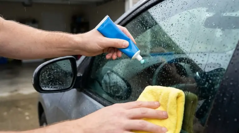 Una persona applica dentifricio sul finestrino bagnato dell’auto con un panno durante la pioggia