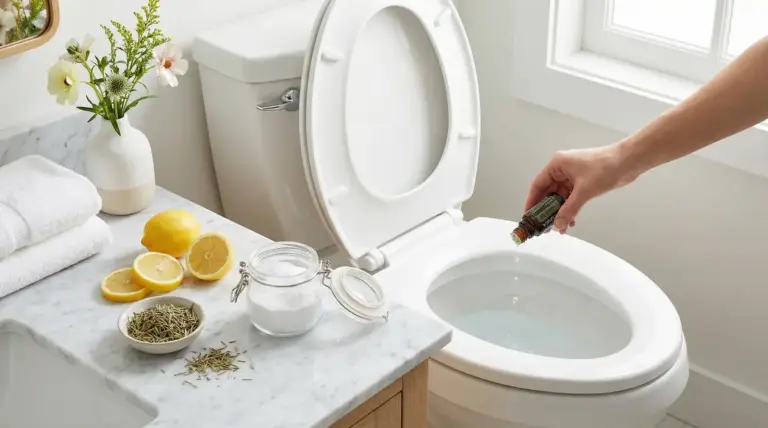 Bagno luminoso con ingredienti naturali e oli essenziali usati per profumare il WC senza profumatori chimici