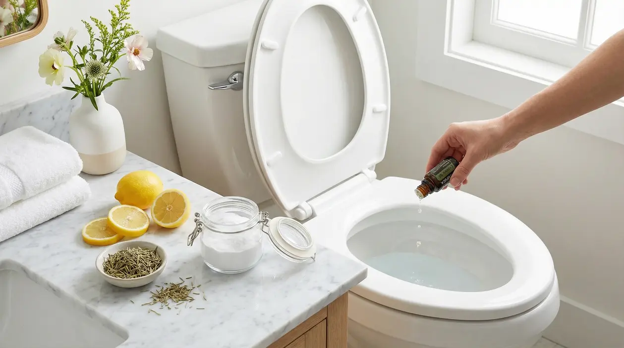 Bagno luminoso con ingredienti naturali e oli essenziali usati per profumare il WC senza profumatori chimici