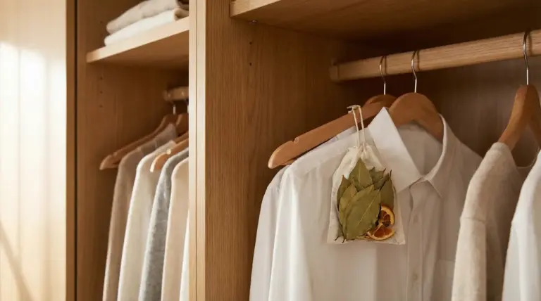 Armadio in legno con camicie appese e sacchetto profumato naturale tra i vestiti