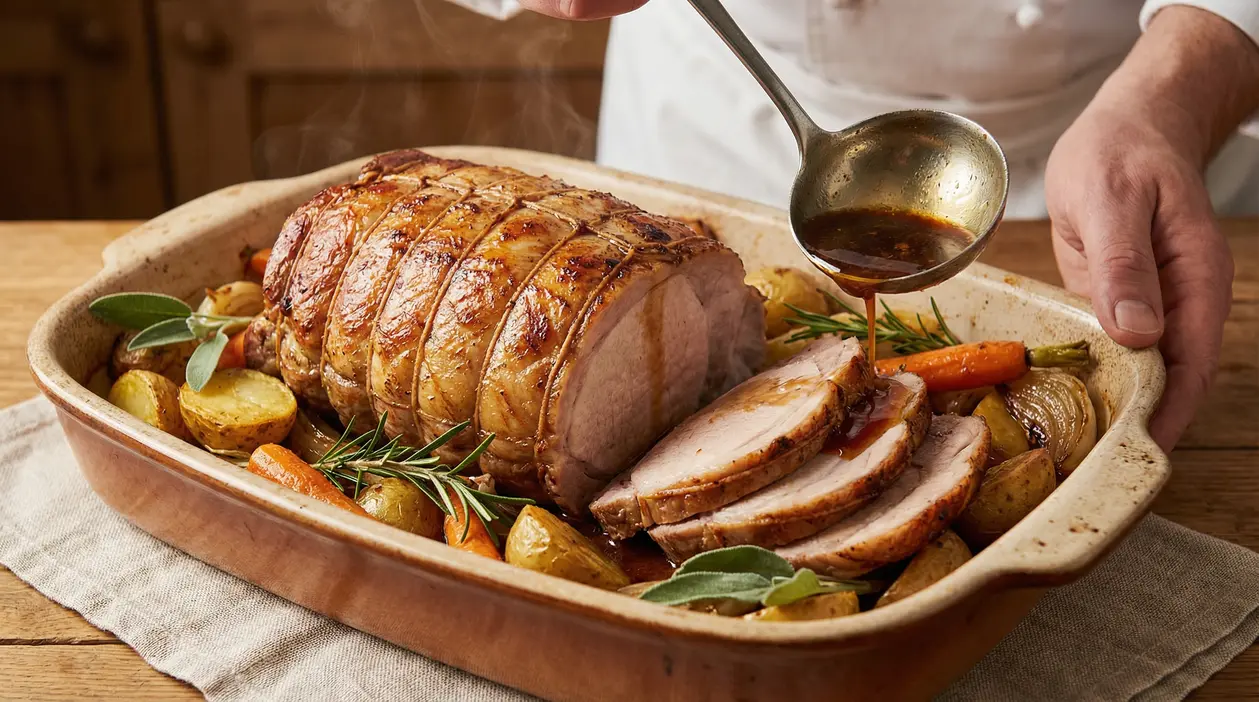Arrosto tagliato in fette servito con patate e verdure in una pirofila, con sugo versato sopra