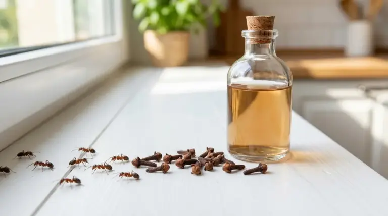 Formiche su un davanzale accanto a chiodi di garofano e una bottiglia di aceto come rimedio naturale