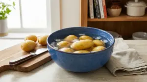Patate intere immerse in una ciotola di acqua fredda con ghiaccio su un piano cucina