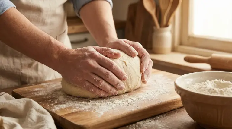 Mani che impastano a mano una pagnotta di pane su un piano infarinato in cucina