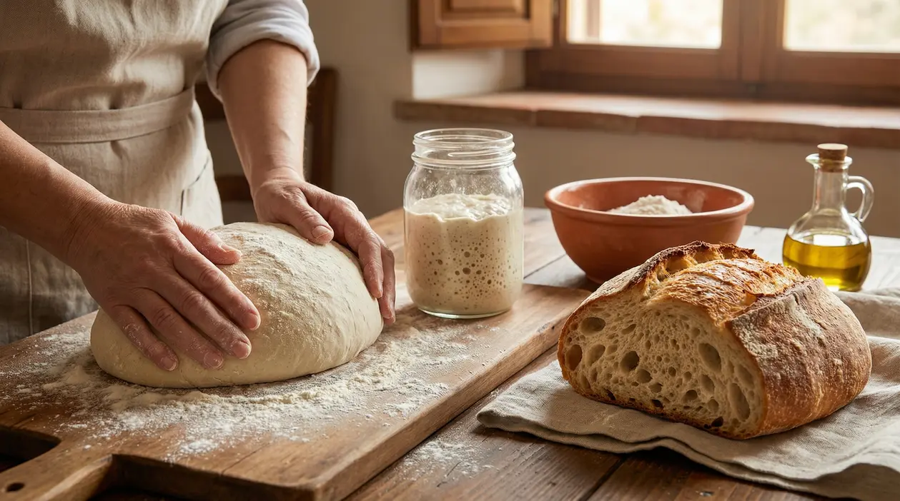 Mani che impastano il pane con lievito madre su un tavolo di legno