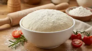 Impasto per pizza lievitato in una ciotola, con farina e pomodorini sul tavolo