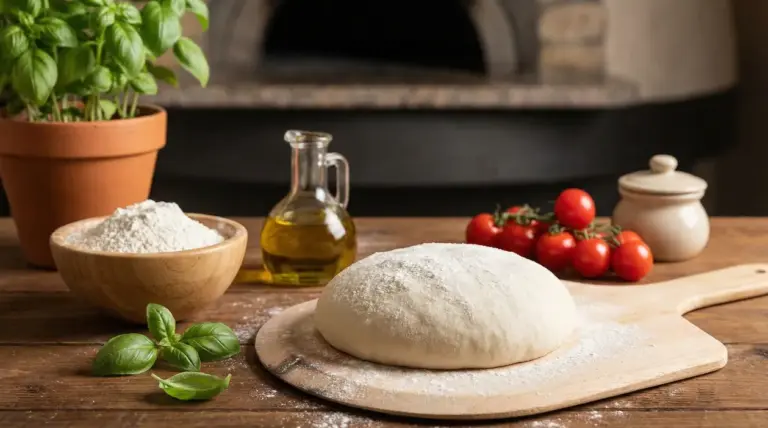 Impasto per pizza su asse di legno con farina, olio, basilico e pomodori