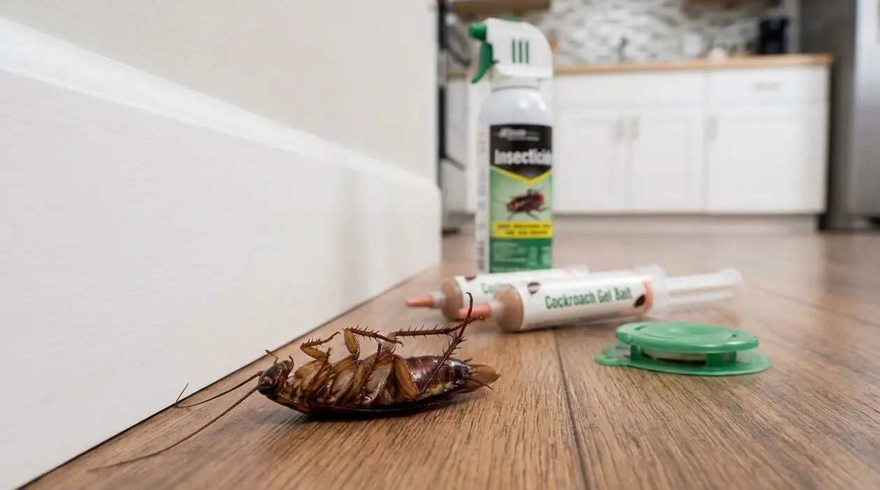 Blatta morta sul pavimento di una cucina con insetticida, gel e trappola per il controllo domestico