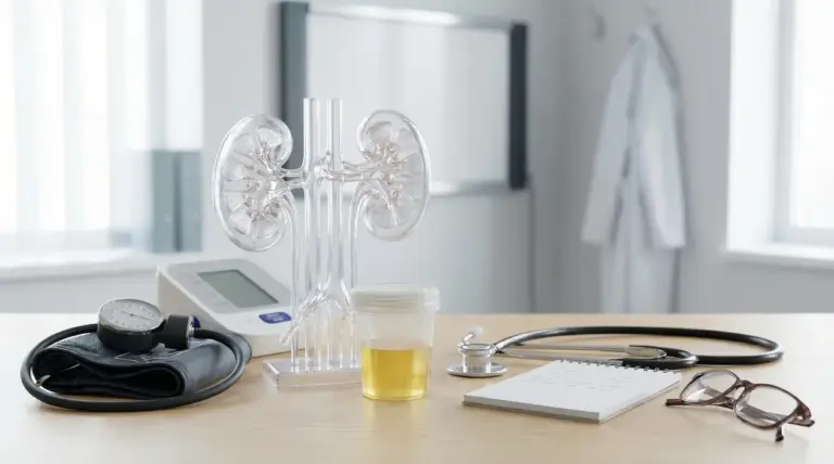 Modello di reni su scrivania medica con campione di urina e strumenti diagnostici
