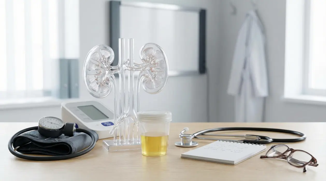 Modello di reni su scrivania medica con campione di urina e strumenti diagnostici