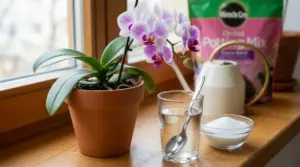 Orchidea in vaso accanto a un bicchiere d'acqua con cucchiaio e una ciotola di zucchero