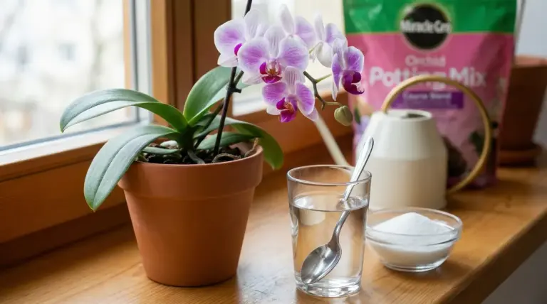 Orchidea in vaso accanto a un bicchiere d'acqua con cucchiaio e una ciotola di zucchero
