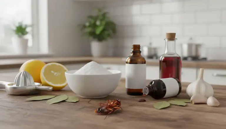 Ingredienti naturali in cucina contro gli scarafaggi: limone, bicarbonato, aceto, alloro e aglio sul tavolo