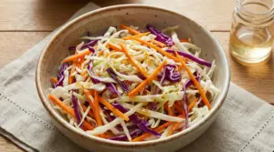 Insalata agrodolce con cavolo bianco, cavolo viola e carote in una ciotola di ceramica