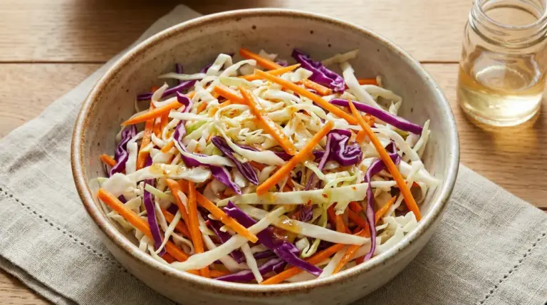 Insalata agrodolce con cavolo bianco, cavolo viola e carote in una ciotola di ceramica