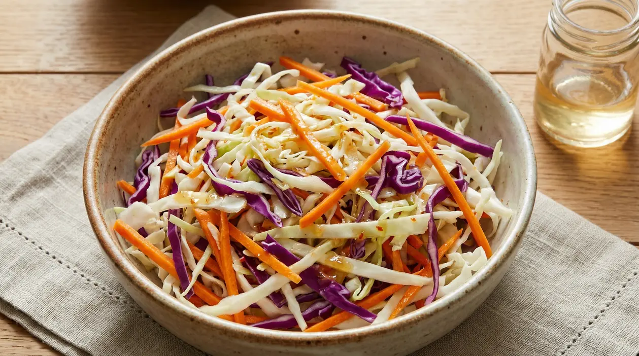 Insalata agrodolce con cavolo bianco, cavolo viola e carote in una ciotola di ceramica