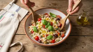 Insalata di riso con pomodorini, olive e basilico mescolata in una ciotola di ceramica