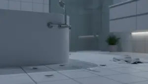 Insetti tipo pesciolini d’argento sul pavimento del bagno vicino alla vasca, in un ambiente umido