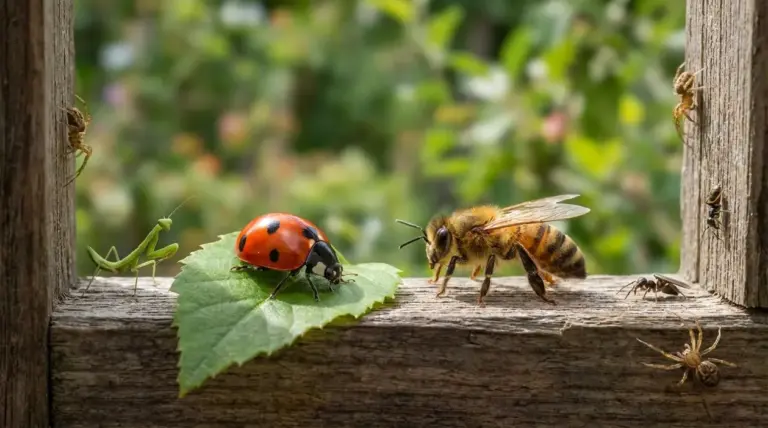 Coccinella, ape e mantide su una finestra di legno, con ragni ai bordi e giardino sfocato sullo sfondo
