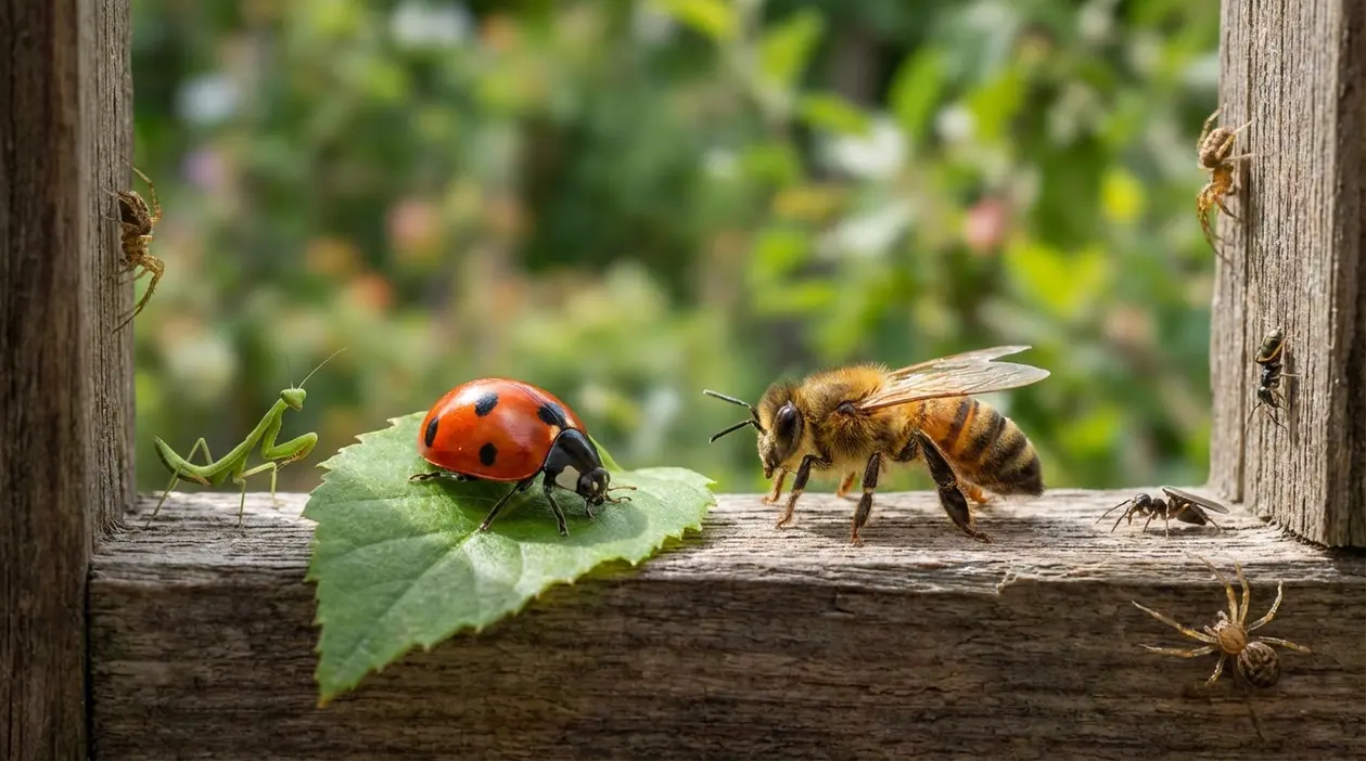 Coccinella, ape e mantide su una finestra di legno, con ragni ai bordi e giardino sfocato sullo sfondo