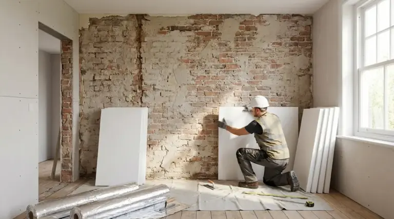 Operaio che installa pannelli isolanti su una parete interna in mattoni per risolvere umidità e parete fredda