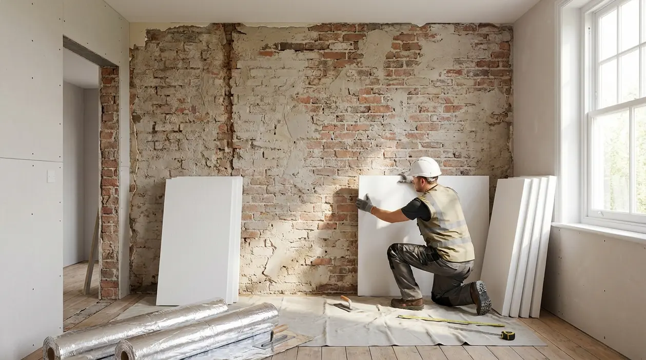 Operaio che installa pannelli isolanti su una parete interna in mattoni per risolvere umidità e parete fredda