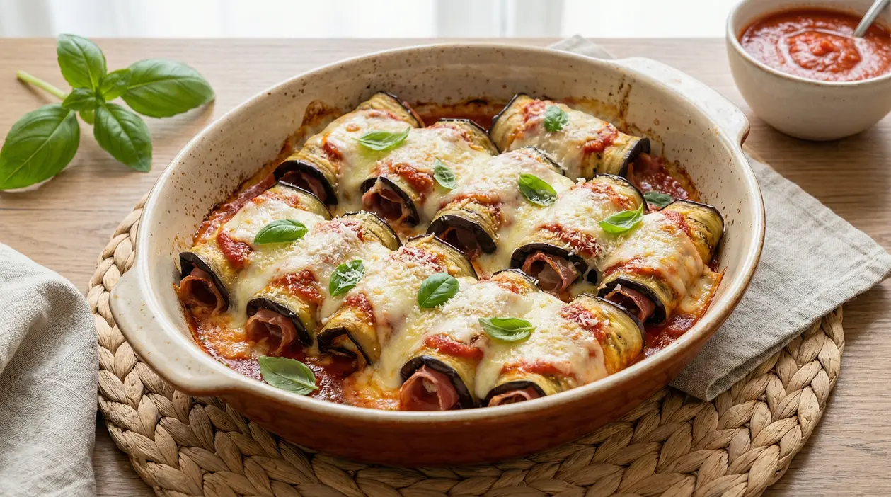 Involtini di melanzane al forno con prosciutto, formaggio e salsa di pomodoro