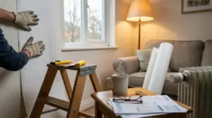 Persona con guanti applica un pannello isolante su parete interna in soggiorno, vicino a finestra e termosifone