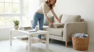 Una persona piega una coperta sul divano in un soggiorno ordinato e luminoso, con tavolino e cesta della biancheria