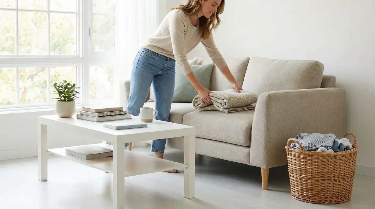 Una persona piega una coperta sul divano in un soggiorno ordinato e luminoso, con tavolino e cesta della biancheria