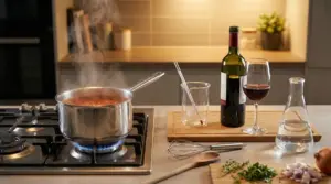 Pentola di sugo che bolle su fornello a gas con bicchiere e bottiglia di vino rosso su un tavolo da cucina