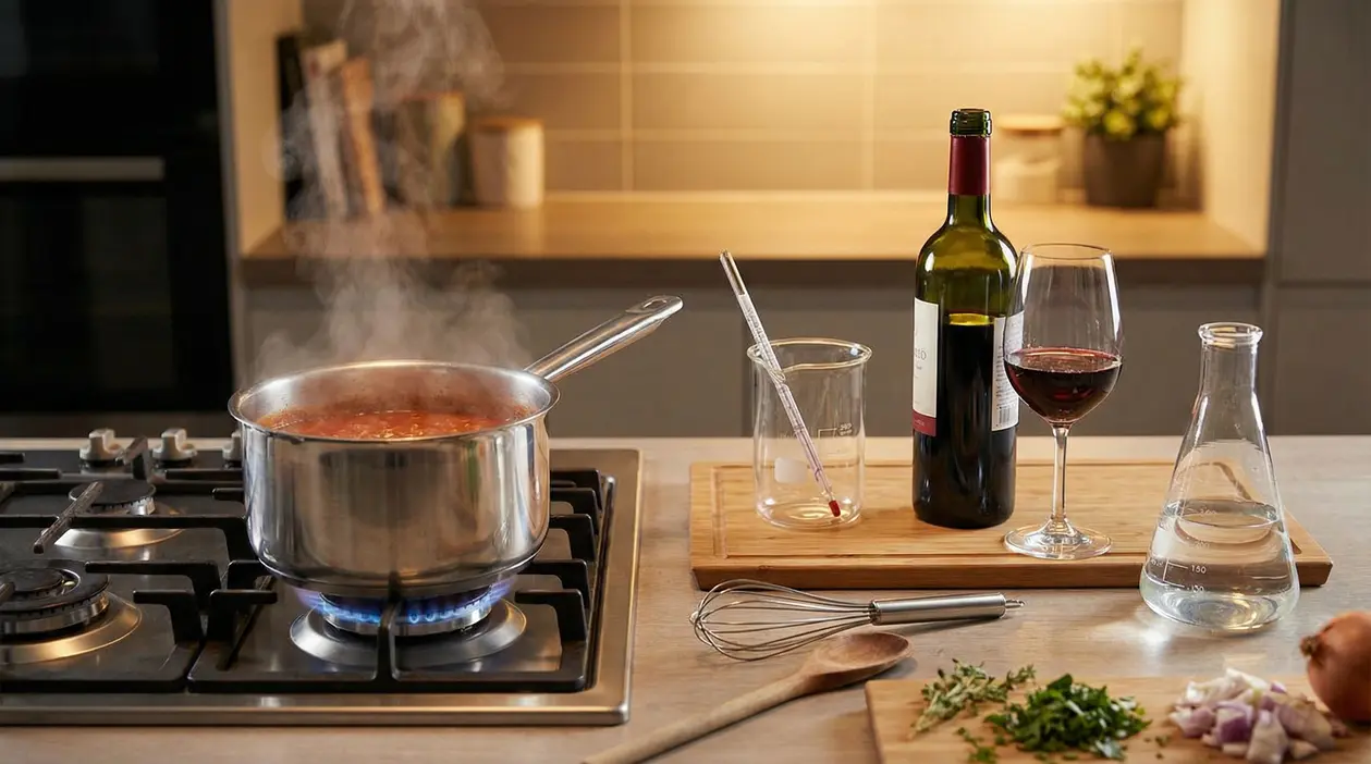 Pentola di sugo che bolle su fornello a gas con bicchiere e bottiglia di vino rosso su un tavolo da cucina