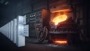 Forno industriale con metallo fuso accanto a una fila di frigoriferi aperti in un capannone