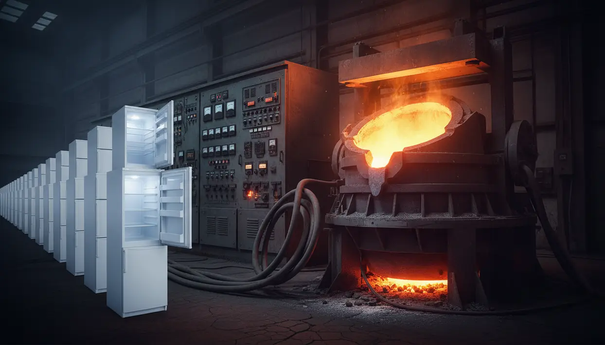 Forno industriale con metallo fuso accanto a una fila di frigoriferi aperti in un capannone