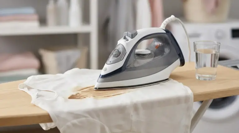 Ferro da stiro su una maglietta bianca bruciata sull’asse da stiro, con bicchiere d’acqua accanto