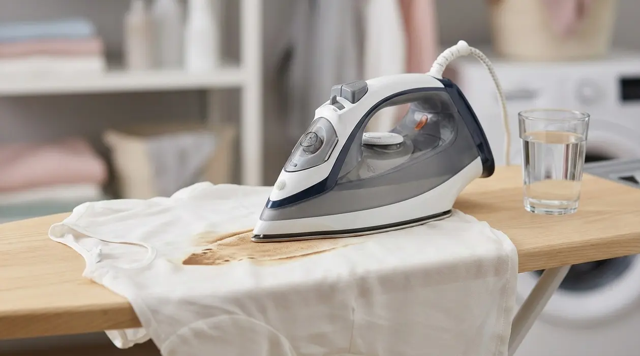 Ferro da stiro su una maglietta bianca bruciata sull’asse da stiro, con bicchiere d’acqua accanto