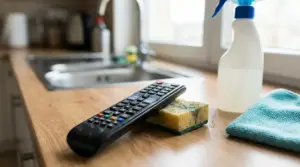 Telecomando su un piano cucina accanto a spugna, panno in microfibra e flacone spray per la pulizia