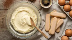 Ciotola con crema al mascarpone, savoiardi, uova e caffè su tavolo rustico