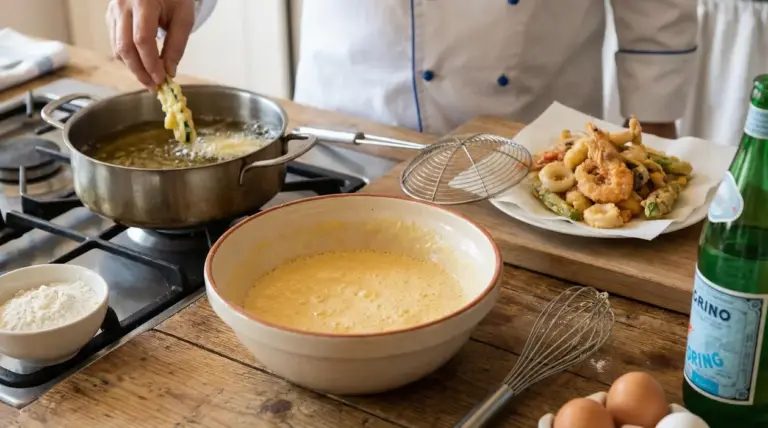 Una persona frigge verdure in pastella in una cucina casalinga