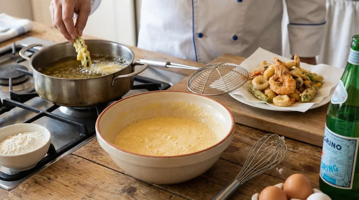 Una persona frigge verdure in pastella in una cucina casalinga