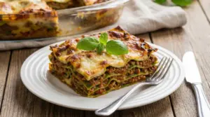 Porzione di lasagna alla bolognese servita su un piatto bianco con forchetta e coltello