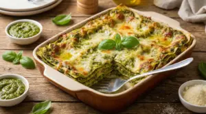 Piatto di lasagne al pesto appena sfornate in una teglia di ceramica su tavolo rustico