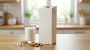 Bicchiere di latte vegetale con fiocchi d'avena, mandorle e cartone su tavolo di cucina