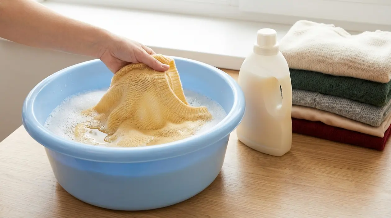 Mano che lava a mano un maglione delicato in una bacinella con acqua e detersivo, vicino a capi piegati