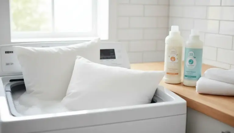 Due cuscini bianchi nella lavatrice a carica dall’alto con flaconi di detersivo sul piano, per lavaggio delicato