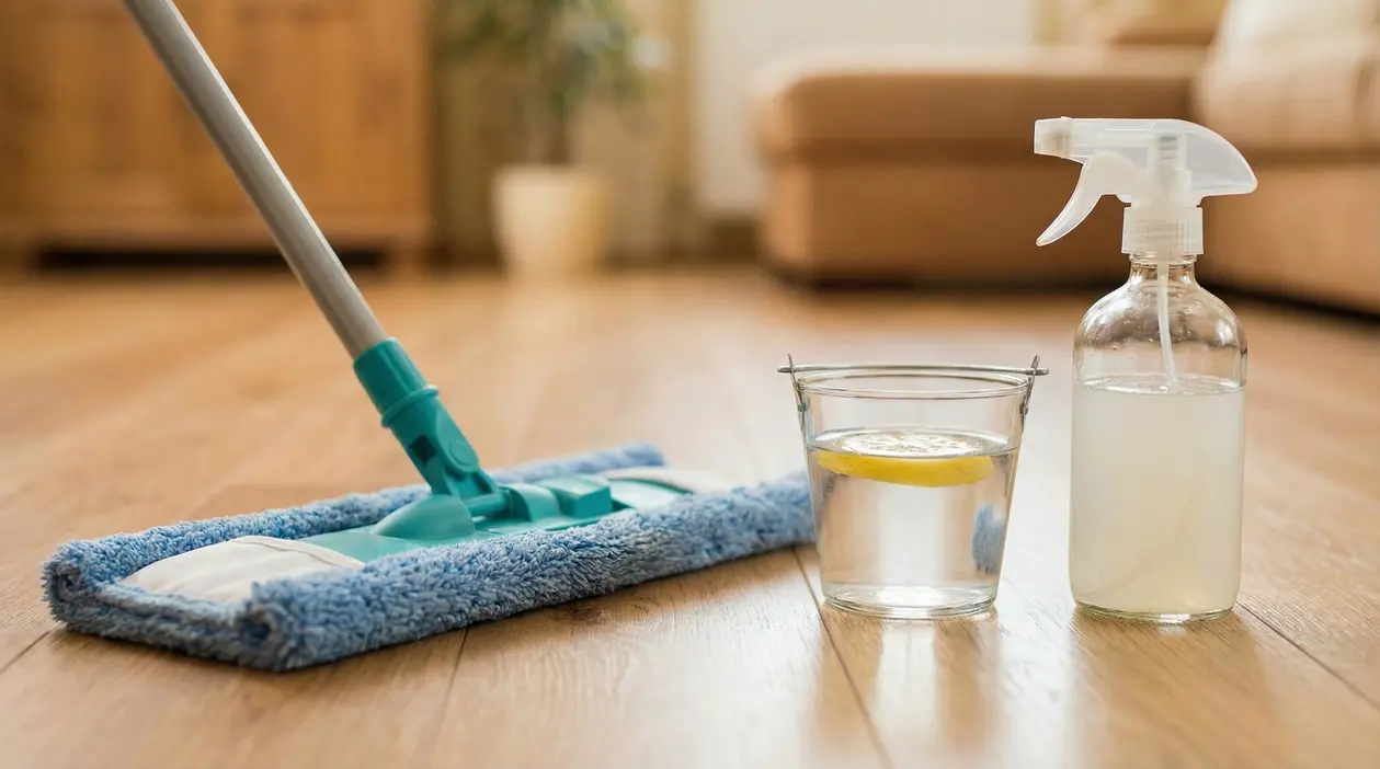 Mop su pavimento in legno con spray riutilizzabile e bicchiere con limone per pulizia naturale della casa