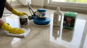Persona con guanti che pulisce un pavimento in marmo con panno, lucidatrice e detergenti specifici