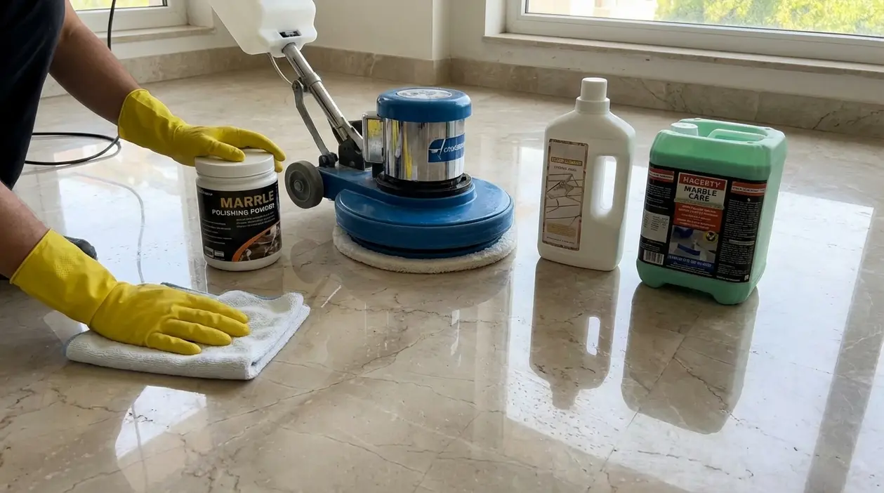 Persona con guanti che pulisce un pavimento in marmo con panno, lucidatrice e detergenti specifici