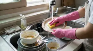 Persona lava un piatto a mano nel lavello con spugna e guanti rosa tra stoviglie sporche